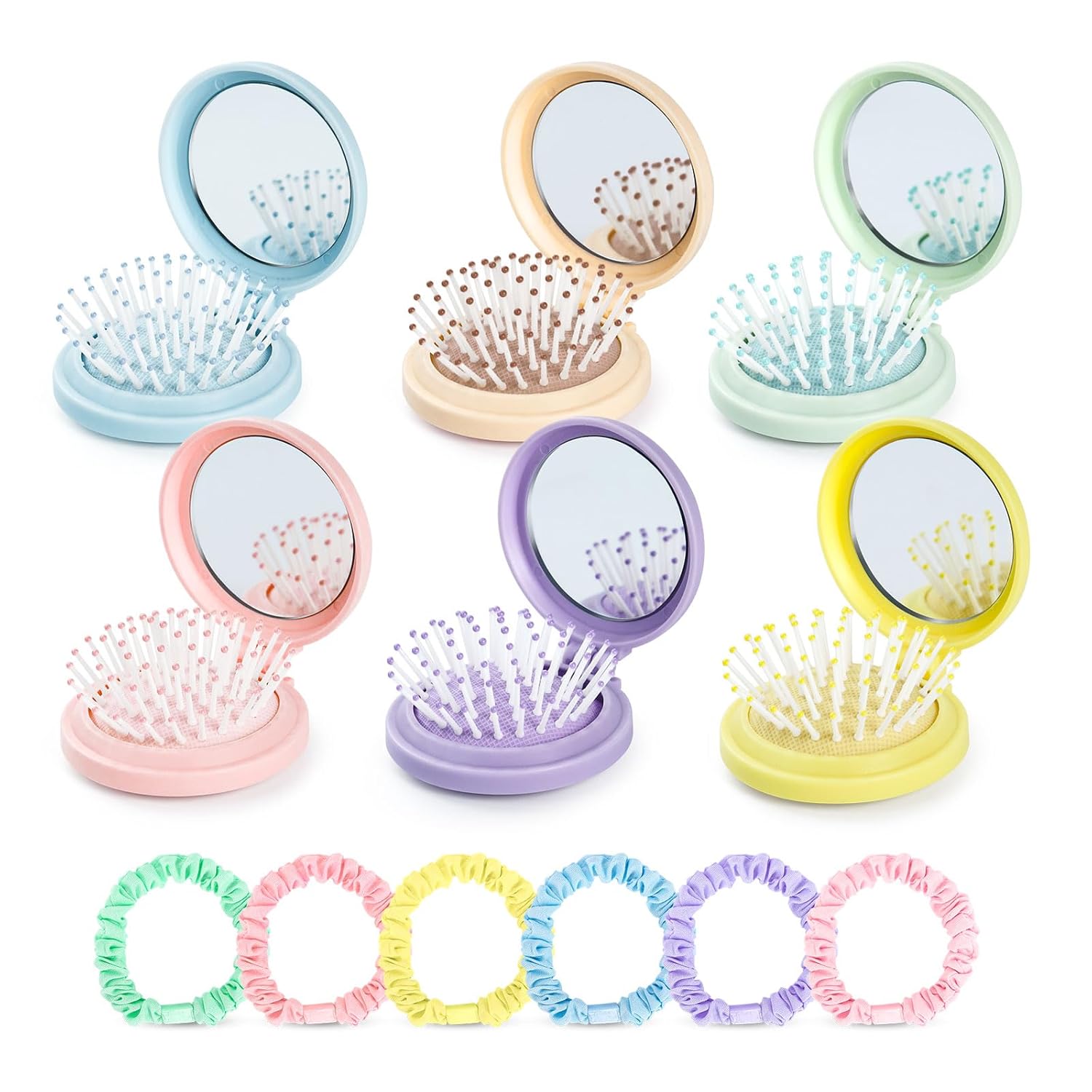 TEMU 12pcs Comb Set With Mirror And Hair Ties, Includes 6 Mini Travel Combs + 6 Soft Fabric Hair Ties, Portable Styling Accessories, Great As A Gift