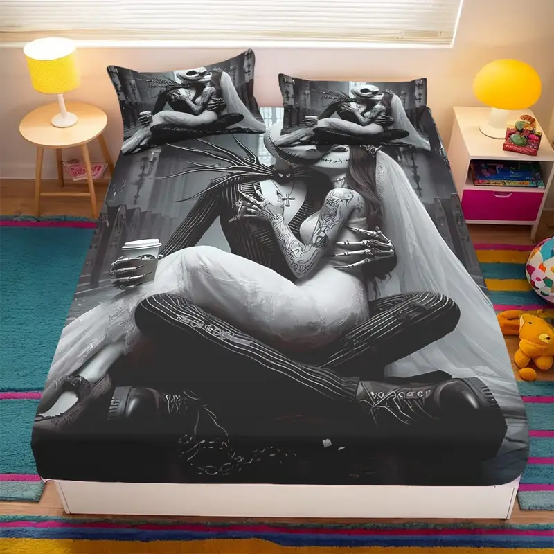 3pcs jack and themed fitted sheet set for bed bedroom couple 1 fitted sheet 2 pillowcase without core suitable for bedding decoration mattress cover set Product details 3