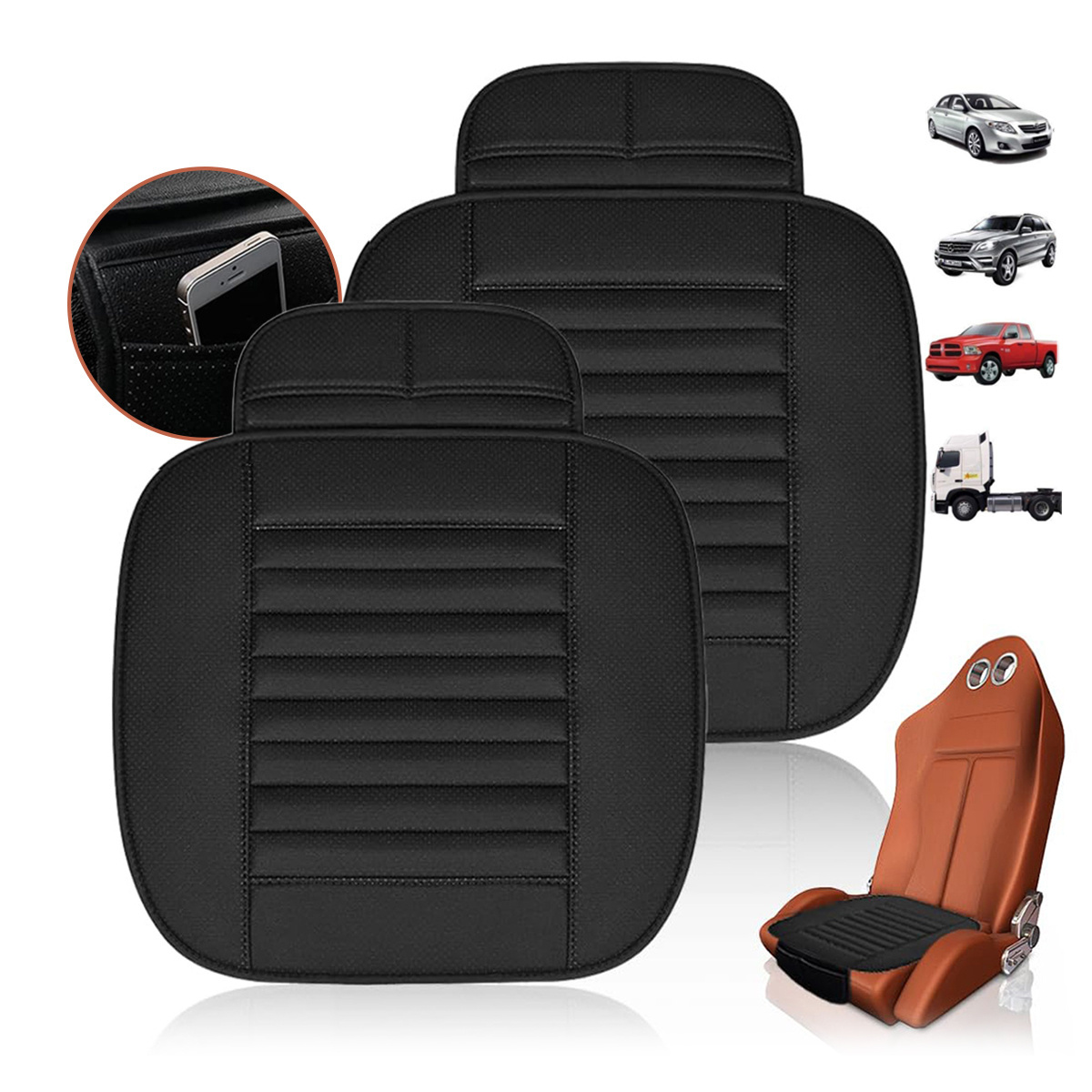 2pcs Universal Pu Leather Car Seat Covers, Charcoal Seat Cushion - Breathable No-tie Sitzauflage With 8pcs Accessories