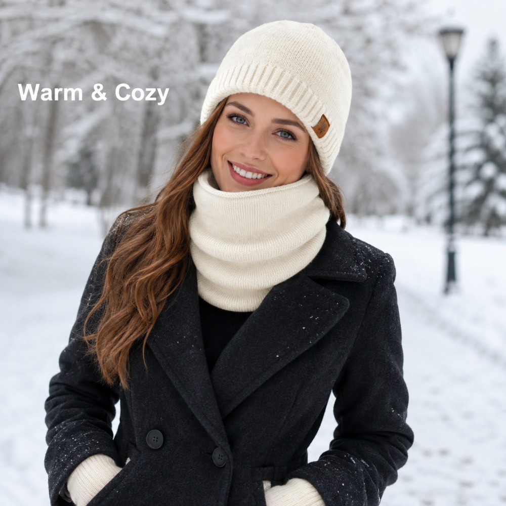 TEMU 3-teiliges Damen-Set aus Mütze, Schlaufe als Halstuch & Handschuhen – Weiches, warmes Futter, elastisch, geeignet für kaltes Wetter, Winter für