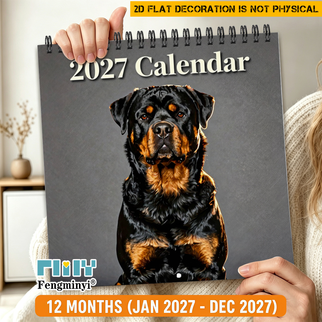 TEMU 2d Flat 1pc , Humorous 2027 Monthly Desk Calendar, Wall Hanging Calendar With Solid Color Background And Realistic Rottweiler Dog Pattern,