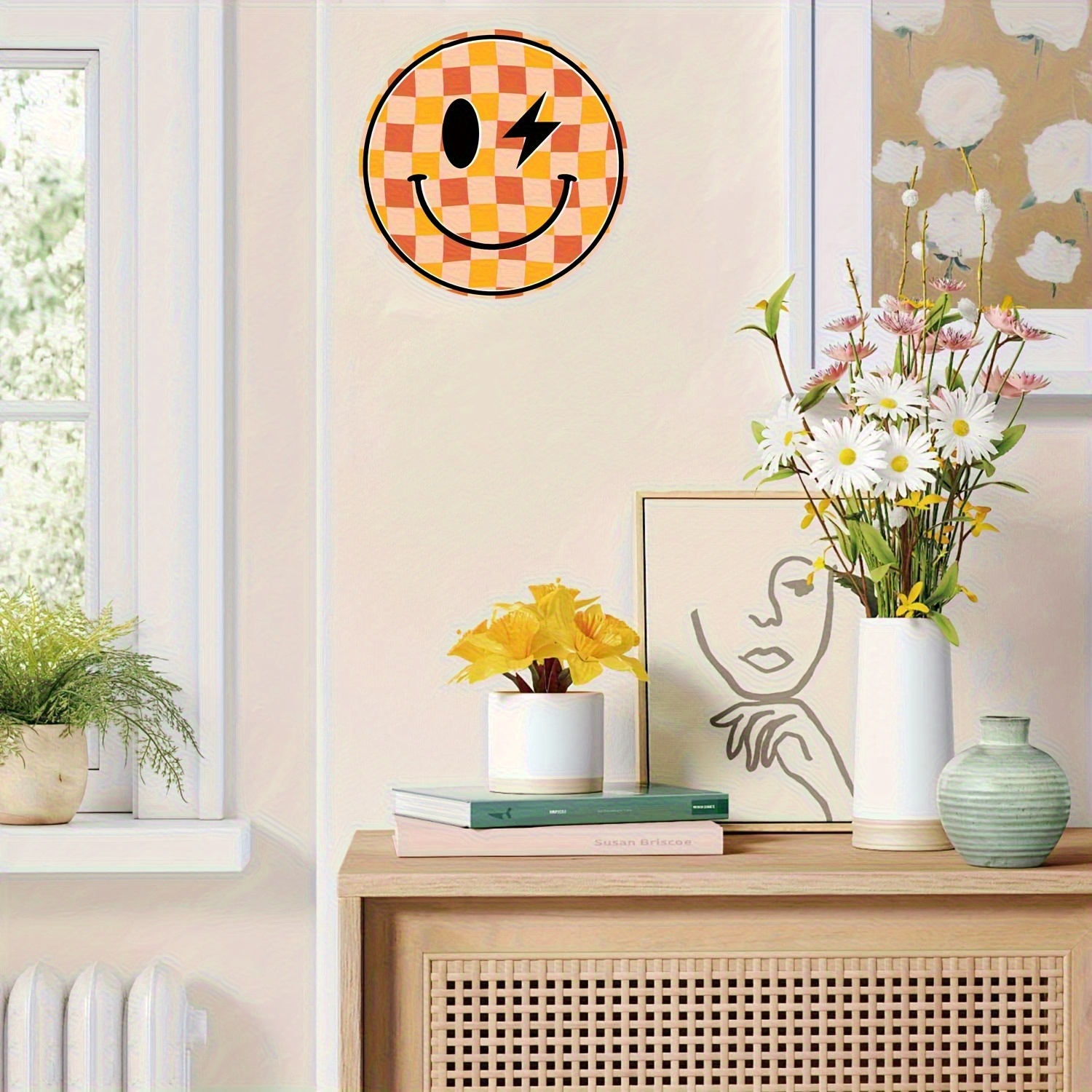 TEMU 2d Flat - A 2d Wooden Door Hanging Decoration Featuring A Happy Face, With An Orange Checkered Design And Eyes. This Indoor/outdoor Sign In A