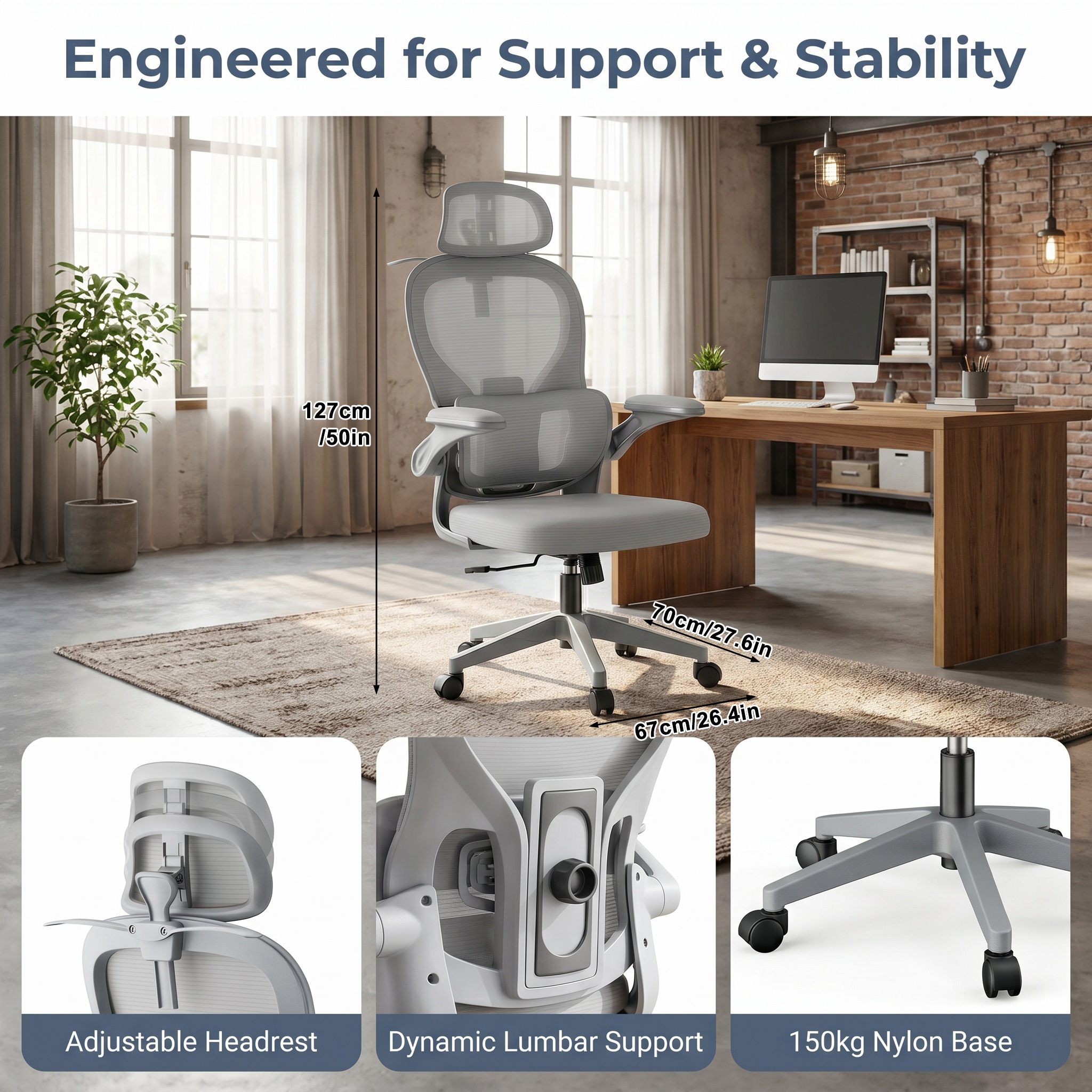 Breathable Mesh Office Chair, Integrated Clothes Hanger, Adjustable Headrest & Armrests, 125° Reclining Function, Ergonomic Height Adjustable Sturdy Desk Chair