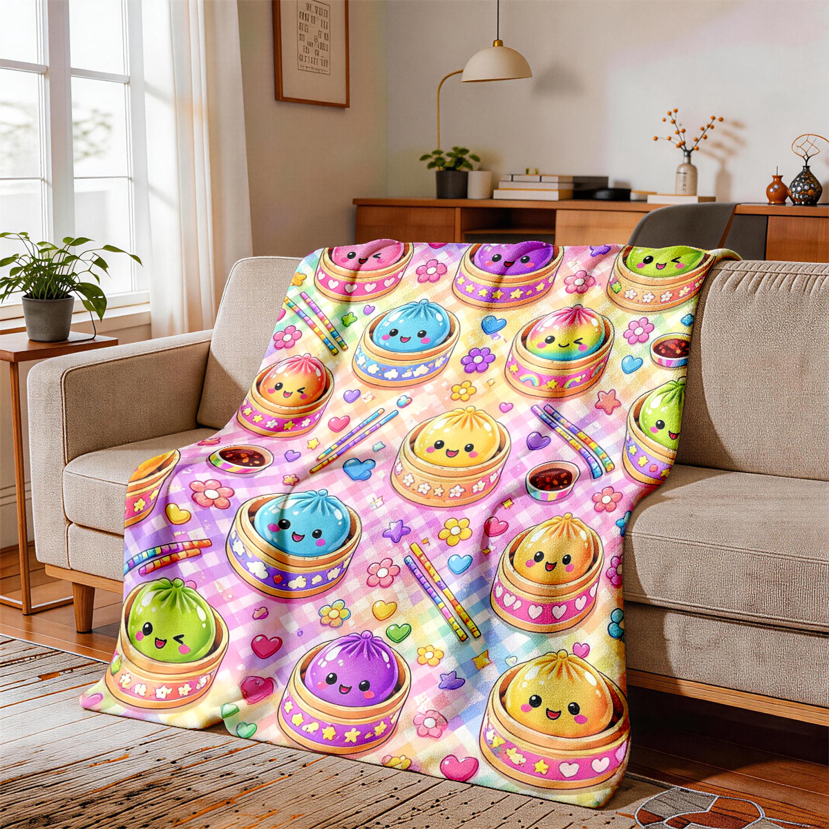 Macaron Checkered Cartoon Flannel Blanket