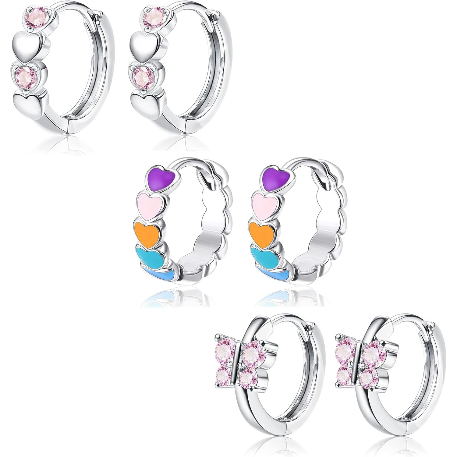 Image of 3pair Small Hoop Earrings For Women 925 Sterling Silver Post Cartilage Earrings Flowers Heart Hoop Earrings Hypoallergenic Sleeper Huggie Earrings Set