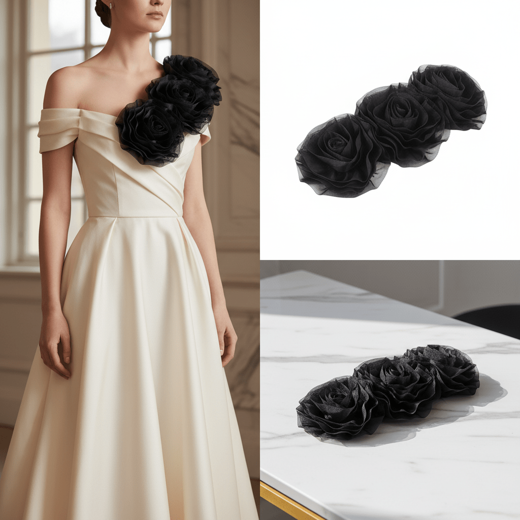 Classic Black Mesh Rose Flower Brooch Decoration