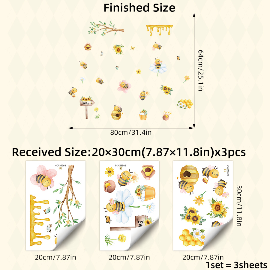 E-shop 3 Bögen Honigbiene Fensterfolien für Kinderzimmer, süße Gartenmotive Fensteraufkleber mit Bienen Blumen Sonnenblume, bunte Kinderzimmer