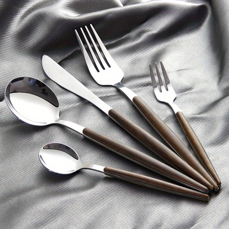 silverware set, 20pcs brown silicone handle stainless steel flatware set, service 4, cutlery set home kitchen and restaurant,   polished, kitchen utensils, dining essentials, elegant cutlery, stylish flatware,   silverware, premium flatware, flatware collection, complete silverware, home cooks,     Product details 3