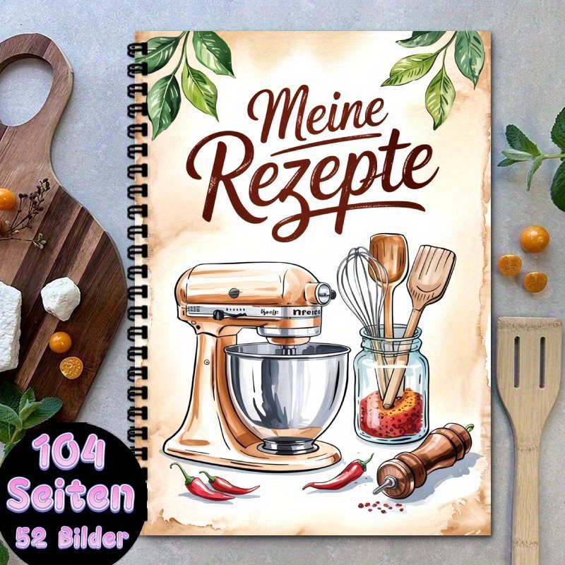 Image of 1pc German Recipe Book | Spiral Binding Notebook A5 - Recipe Collection Book For Men And Women, Can Hold Up To 100 Recipes, Kitchen Organizer With Mixer And Spice Tools Design