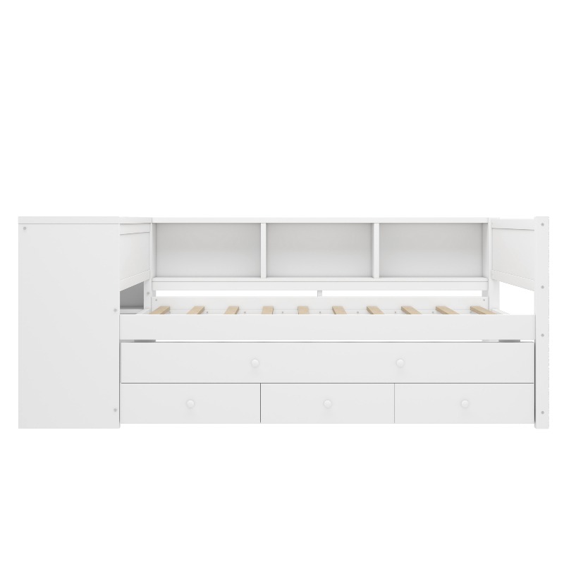 Full Size Daybed with Trundle, Wood Day Bed Frame with Storage Drawers And Side Shelves, Daybed with Desk, No Spring Box Needed, White