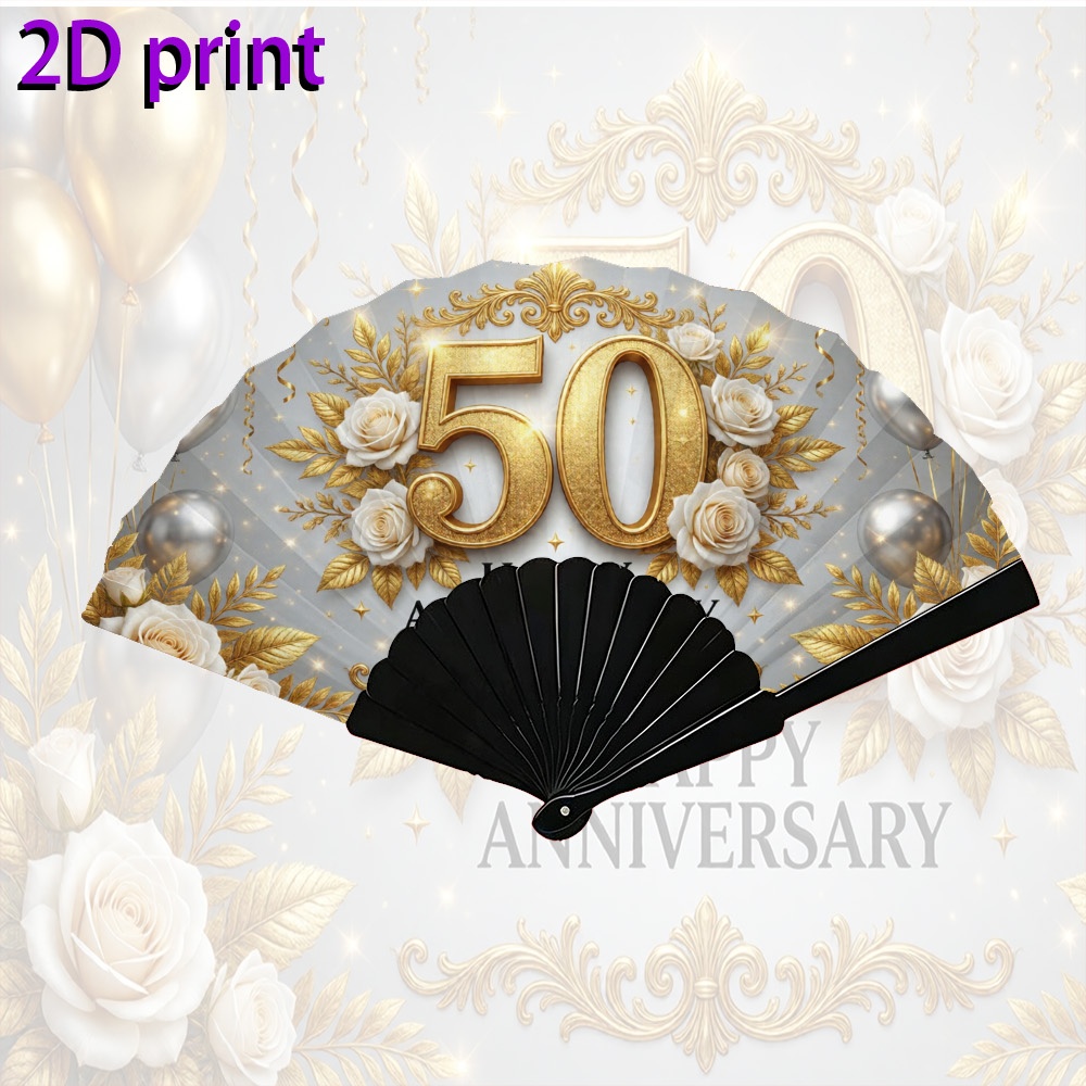 TEMU 2d Flat, 1 Unisex Feather Fan With 2d 50th-anniversary Themed Gorgeous Celebration Print, Handheld Cooling Fan, Portable, Suitable For Stage,