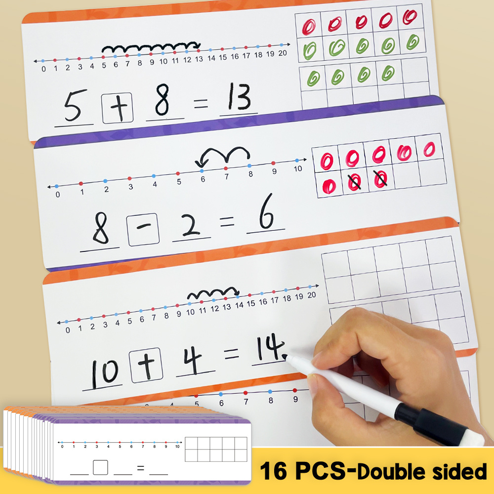 Image of Math Practice Set - 16 Dry Erase Number Line & Ten Frame Cards | Addition Subtraction Games Cards For Kids | Teacher Approved K-1 Learning Tools School Supplies