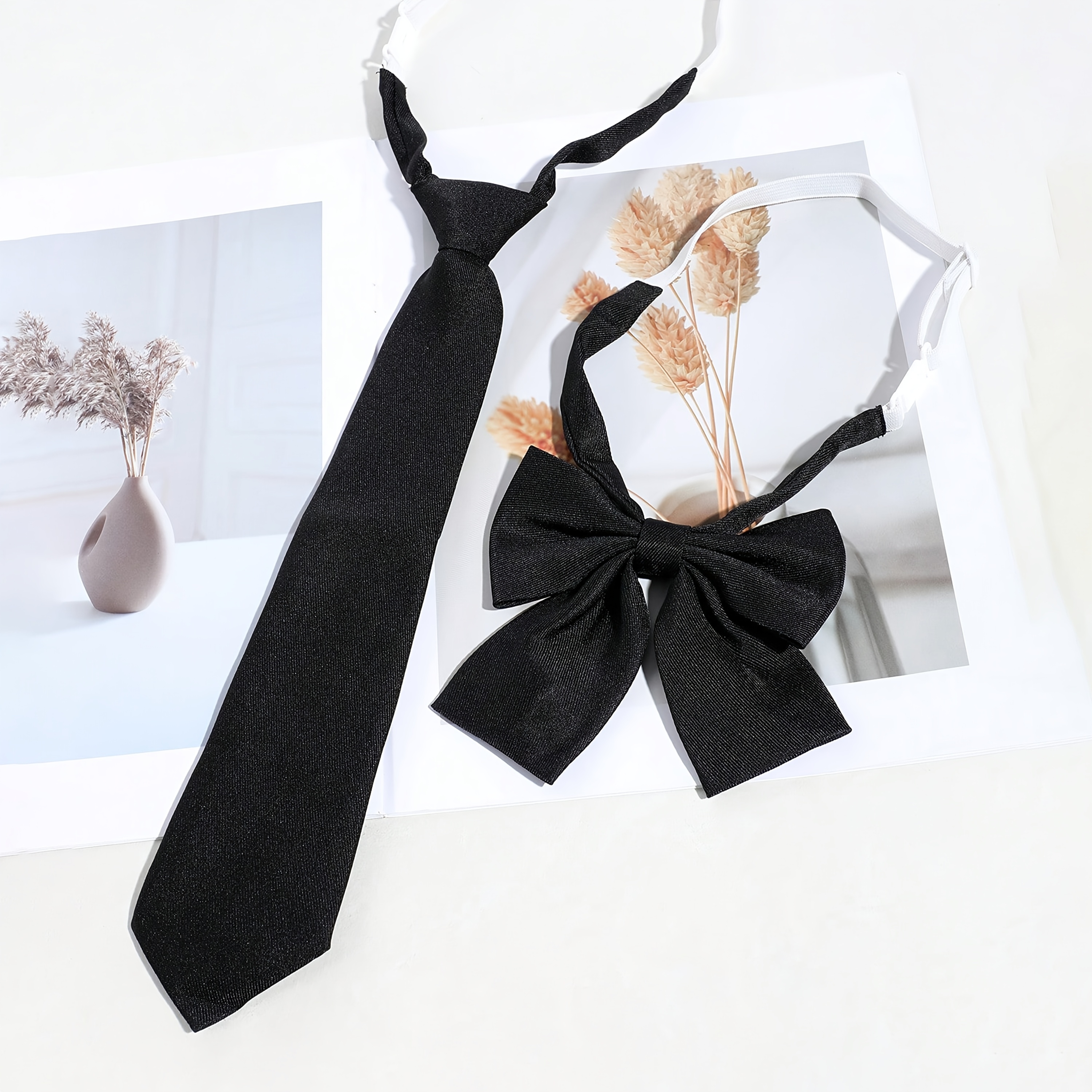 2pcs Women' Tie And Bow Tie Set - Solid Color Black/red/green/navy Blue, Korean Style, Suitable For Blazers/shirts, Casual Wear, - Hand Washable Matching Collar