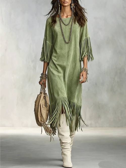 item picture 2026 new european american womens suede fringe midi dress 3 4 sleeve western style loose casual tassel dress