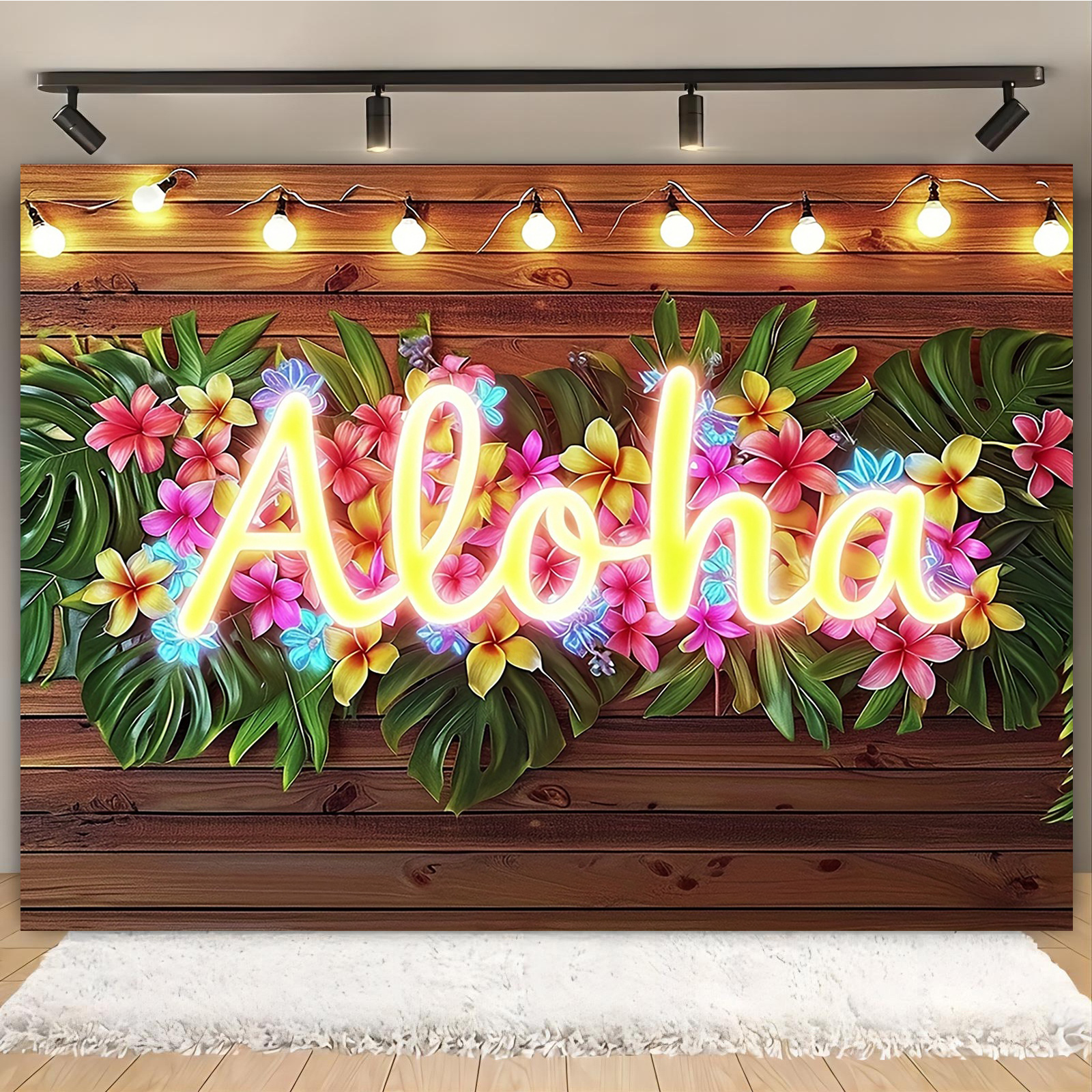 

1pc Vibrant Tropical Luau Party Backdrop - Floral & Wooden Plank Design With "" Neon Sign, Polyester, Birthdays, Weddings, Anniversaries, 39×59in-70.8×90.5in, Hawaiian Party Decorations