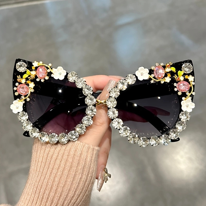 Black Cat-Eye Sunglasses with Rhinestone Accents and Purple Glass Widespread Panic Sunglasses “and It Stoned Me”, Iridescent  main image 4