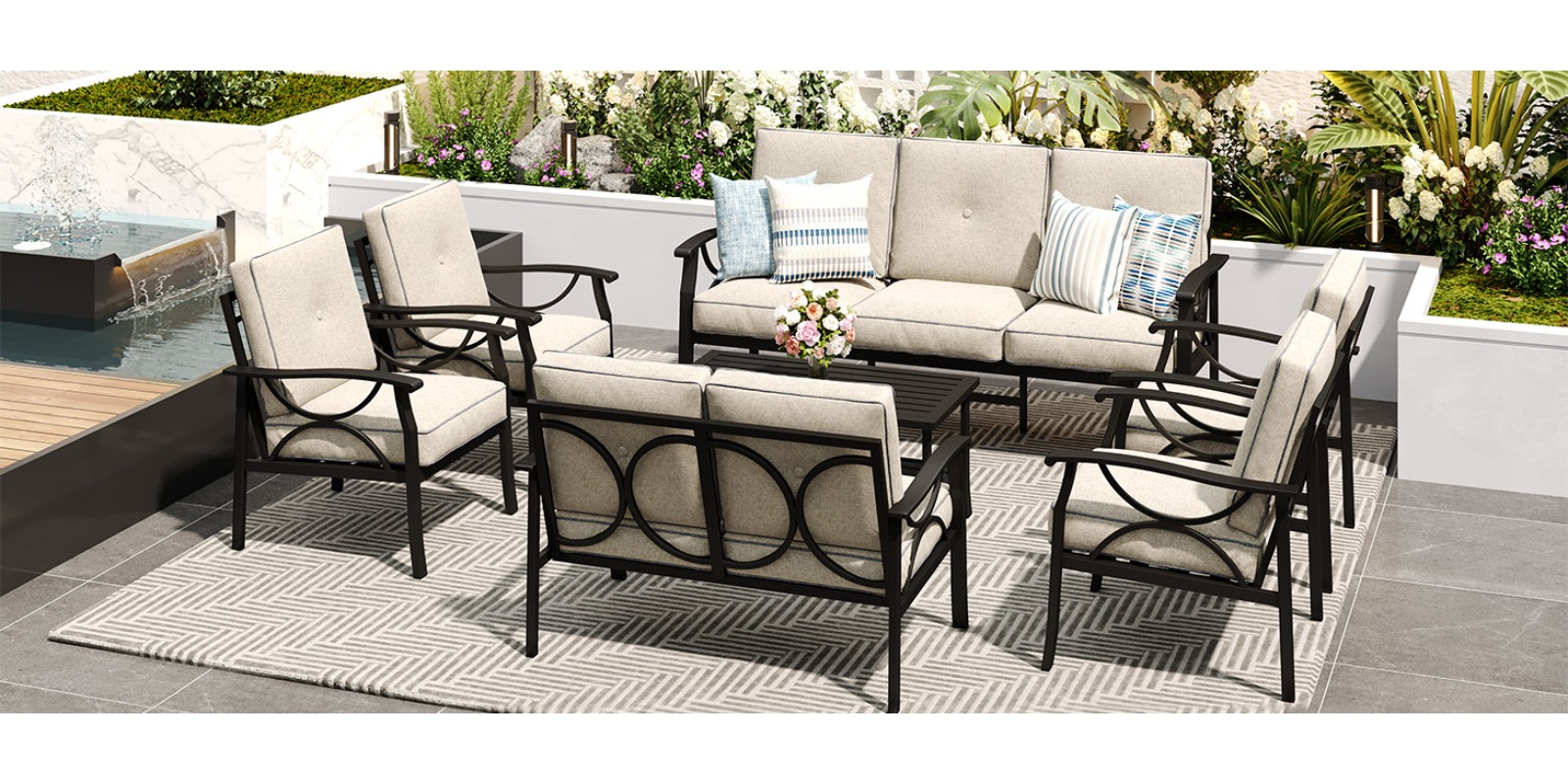 7pcs Outdoor Patio Furniture Set, Outdoor Metal Sectional Furniture with Cushions, Outdoor Conversation Seating Set with Coffee Table for Garden, Balcony, Deck, Backyard, Black