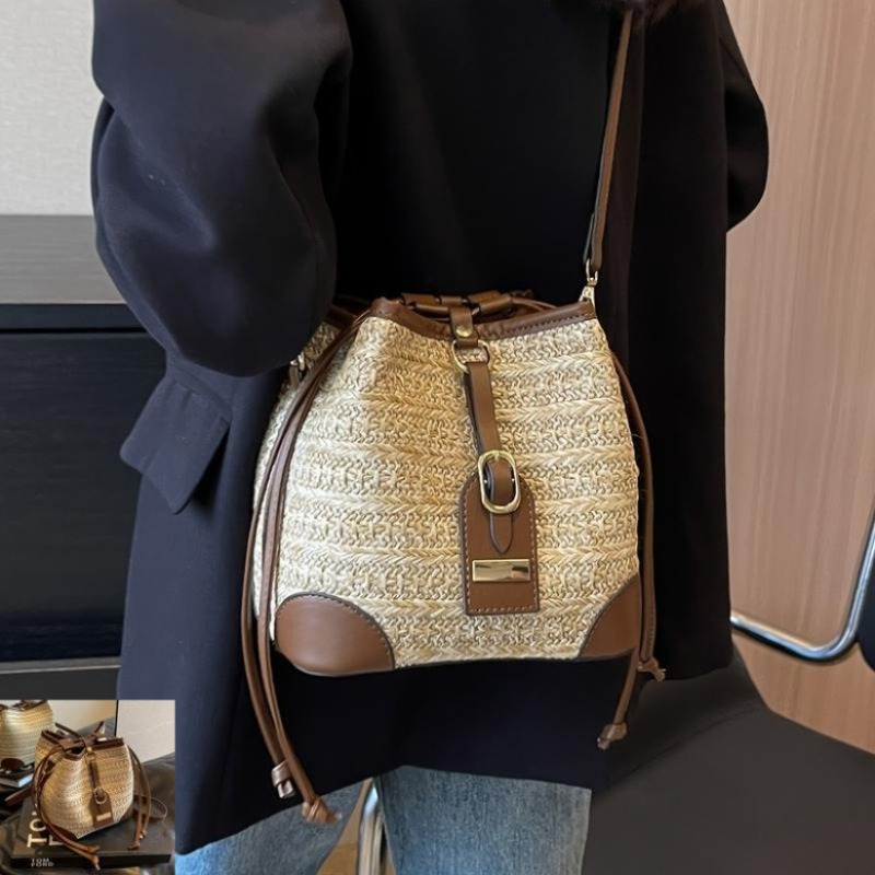Image of Bohemian Straw Bucket Bag, Adjustable Drawstring Design, Women's Geometric Pattern Shoulder Bag, Casual Messenger Bag, Summer Fashion Accessories, Us Shopping, Formal Settings Apply