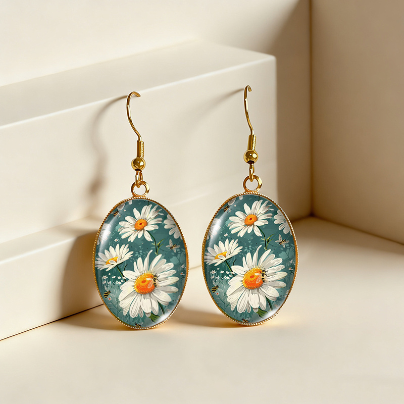 Forest Style Daisy And Bee Illustration Dangle Earrings
