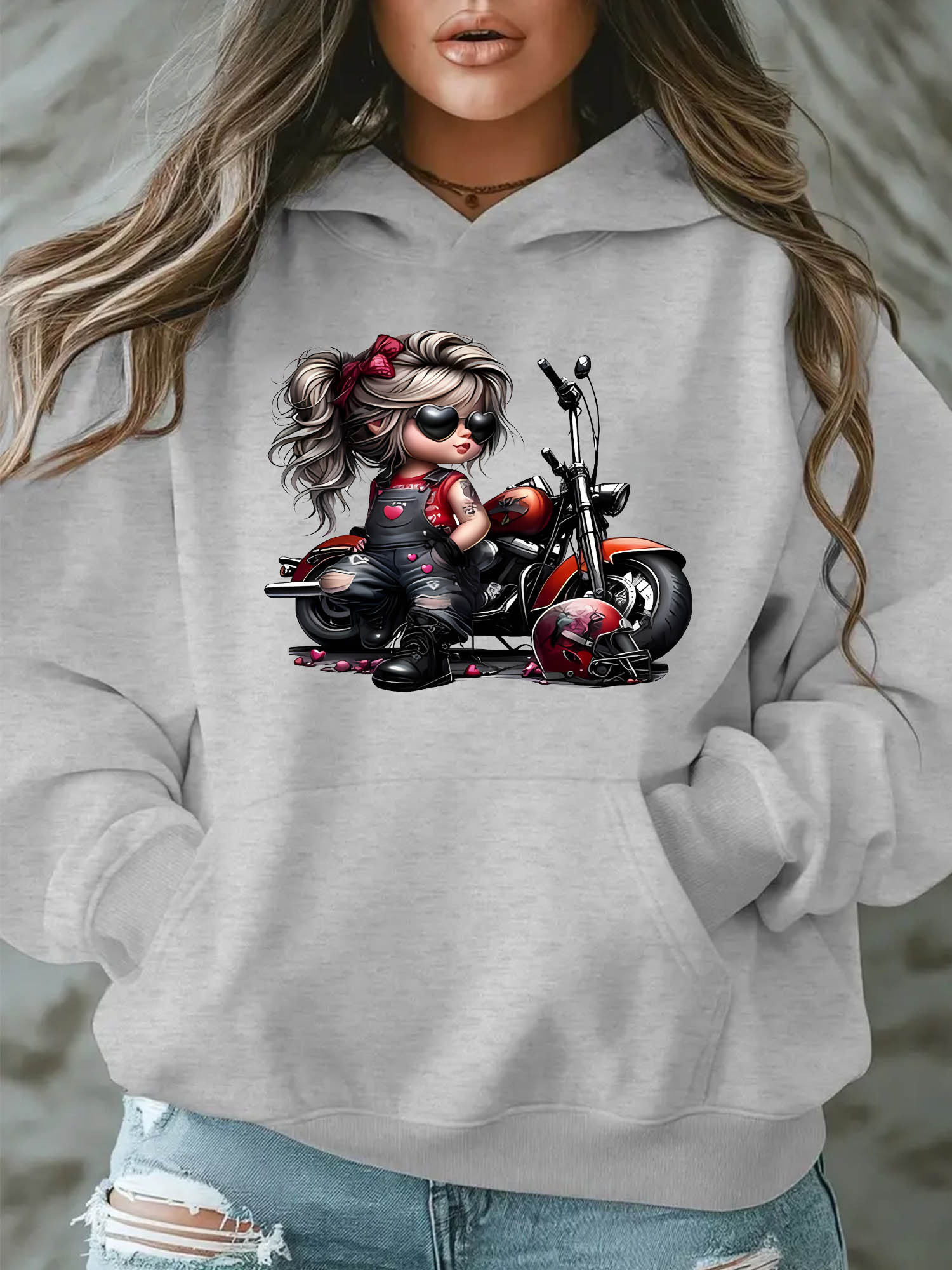 Women'S Cute Motorcycle Printed Hoodie with Pockets - Sporty Casual Style, Easy And Athletic, Made of 100% 230G, Featuring a Printed Design, Suitable for Autumn And Winter, Fashionable And Comfortable, Vibrant And Relaxed, Minimalist Charm