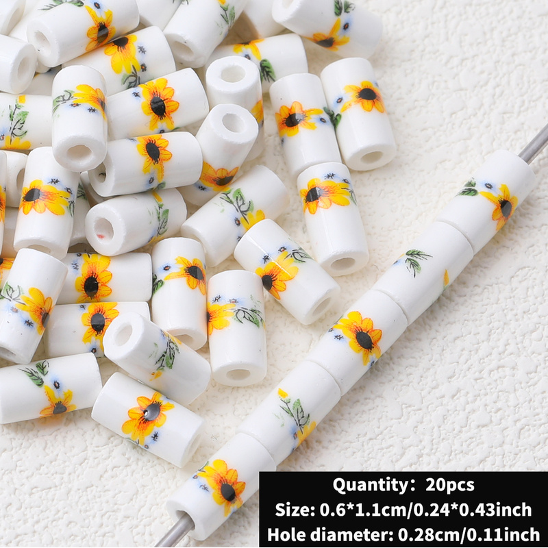 Cute Ceramic Decal Cylindrical Beads, 20pcs Set for DIY