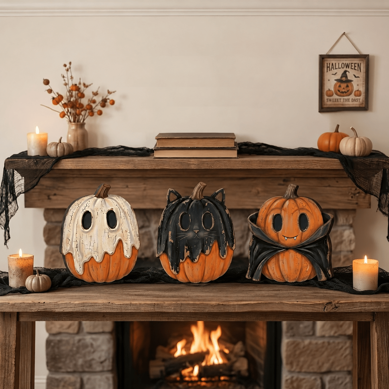 TEMU 3pcs Retro Gothic Halloween Wooden Block Decorations Suitable For Mantelpiece & Tabletop - Artificial Witch Frame With Pumpkin,, Black Cat, Owl,