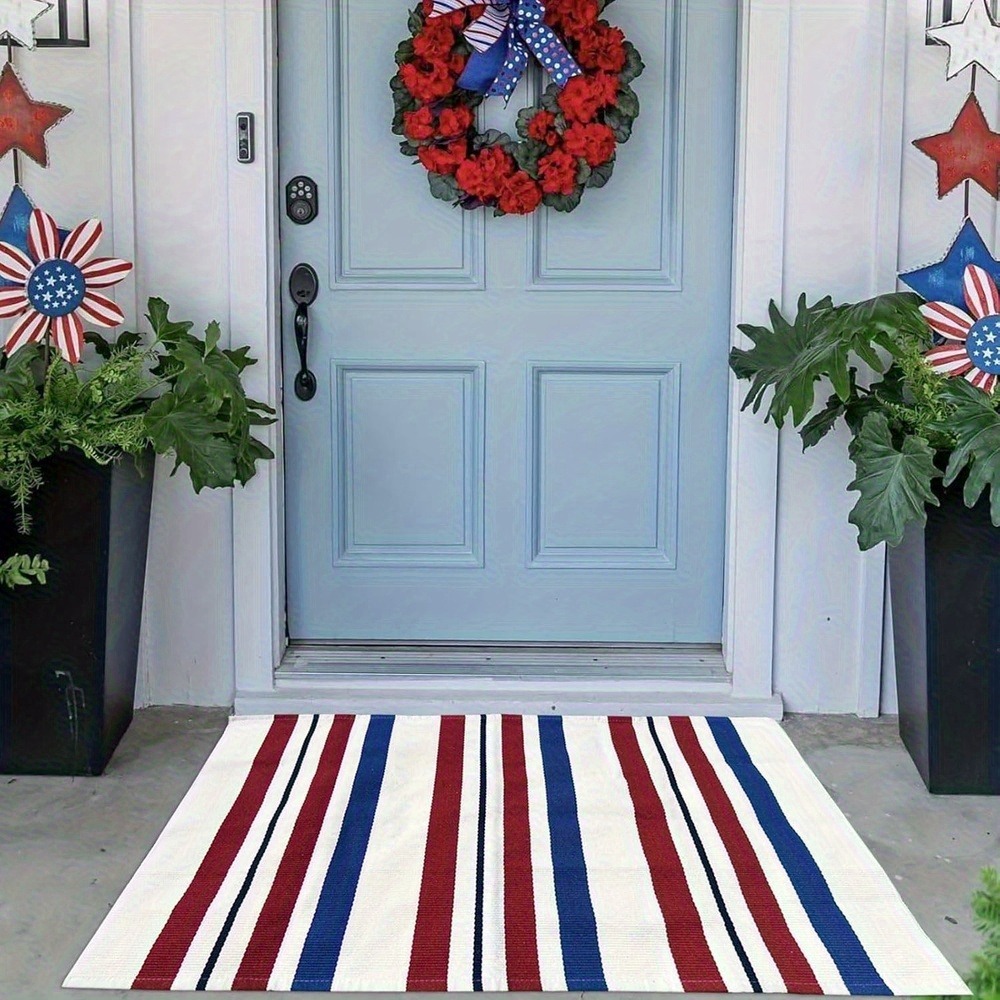 TEMU 2d Flat Doormat With Red, White, And , Featuring A Non-slip Rubber Backing. This Classic Patriotic Entry Mat Is And Easy To Clean, Making It