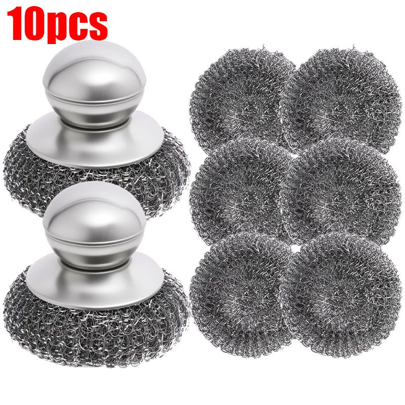 TEMU 10pcs Stainless Steel Cleaning Brush Set, Including 2 Handles And 8pcs Replacement Brush Heads. Comfortable Grip, Filament-free, Removes Stains,