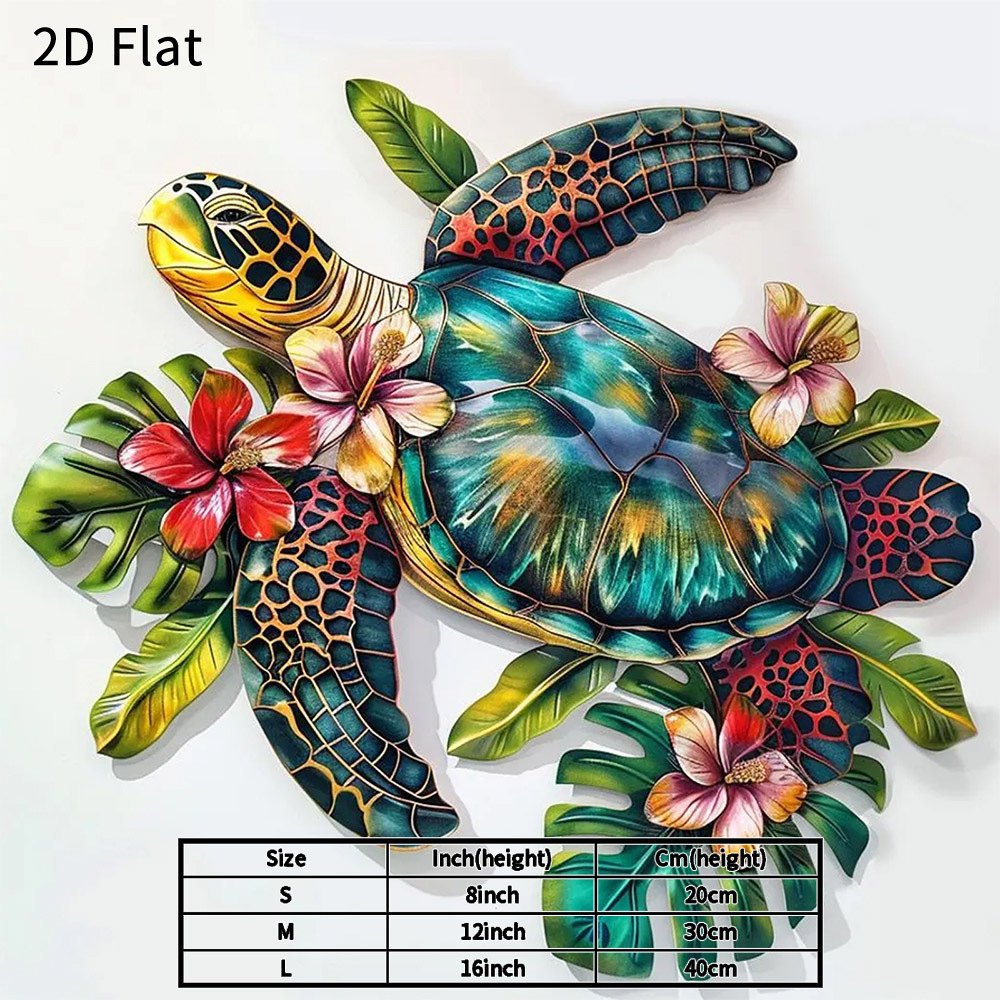 TEMU 2d Flat- 1pc 2d Flat Turtle Metal Wall Art Colorful Floral Ocean Decor Durable Waterproof Plaque For Living Room Bedroom Patio Garden Elegant