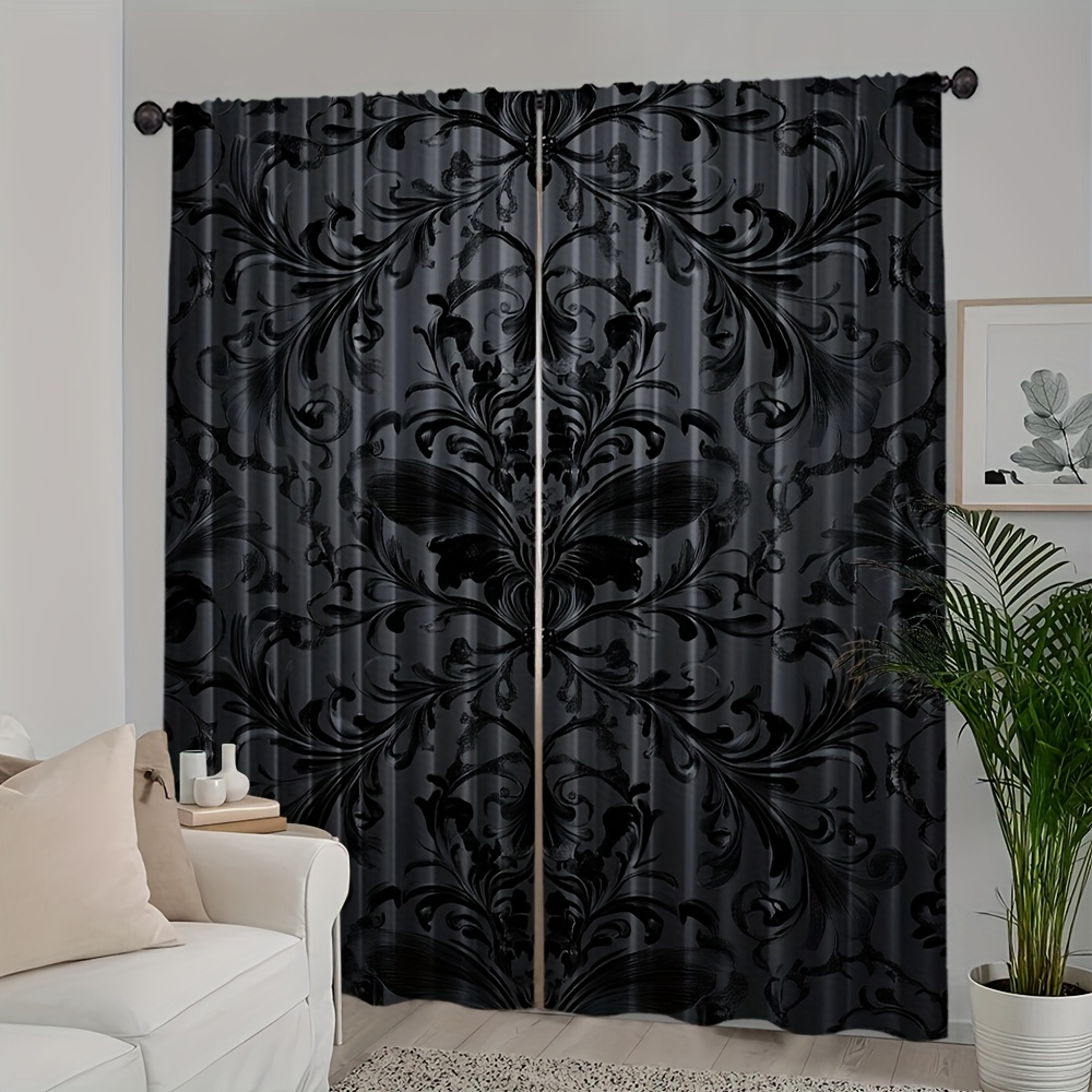 TEMU 2d Flat, 2pcs 2d Printed, Modern Black Damascus, 100% Polyester, For Versatile - Ideal For Bedroom, Living Room, Kitchen Decor, Pole , Shading