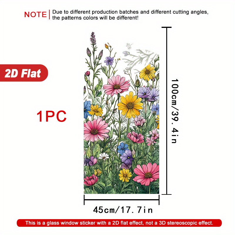 TEMU 1 Roll Colorful Wildflowers Detailed Illustration Window Film, 45×100cm, Frosted Pvc Material, Static Decorative Window Sticker, Non-adhesive