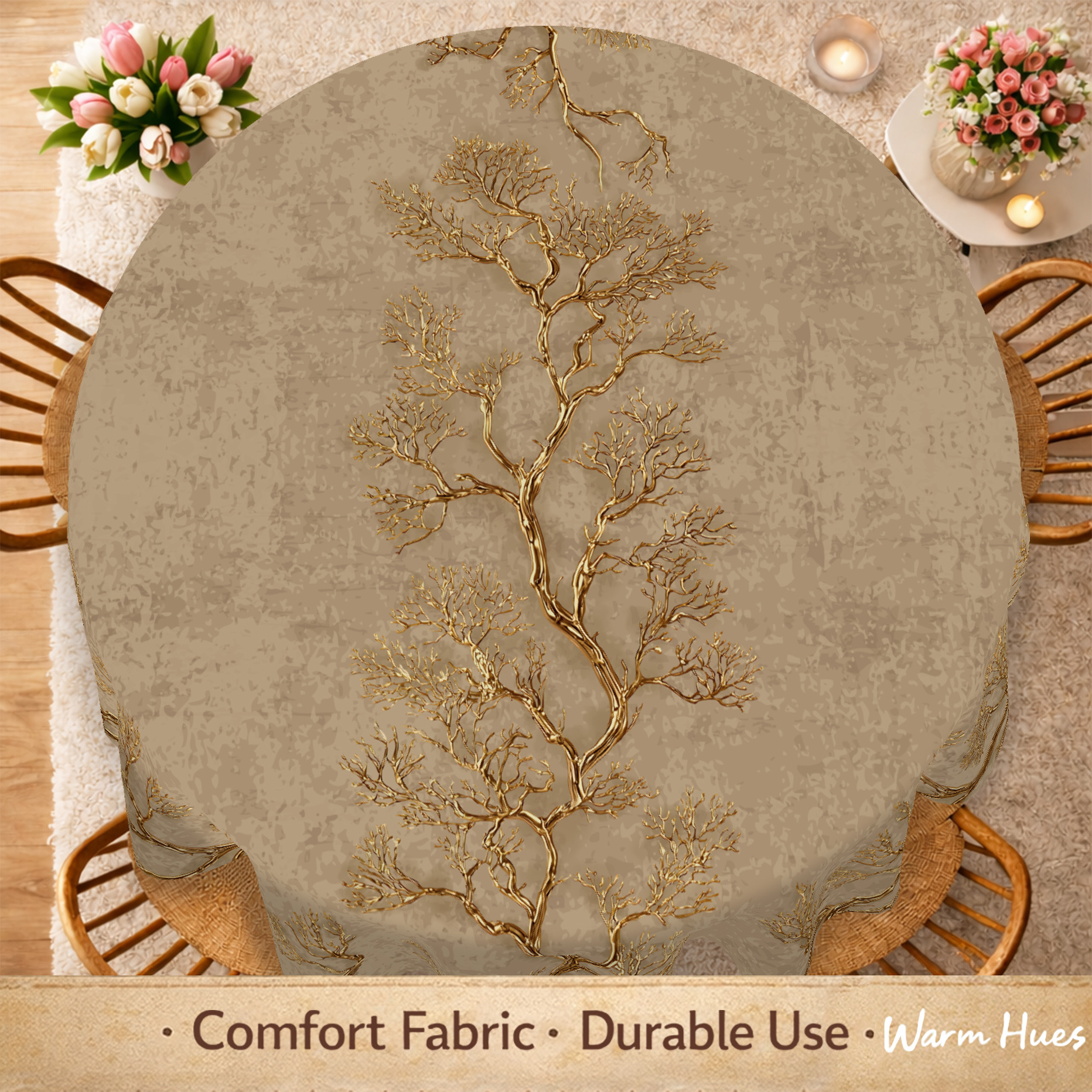 1pc, Vintage Golden-Brown Tree Tablecloth, Elegant Golden Branch Print with Intricate Twigs And Leaves, Artistic Nature Design on Textured Beige Background, Botanical Style Table Cover for Dining Room, Kitchen And Home Decor, 7 Sizes Available