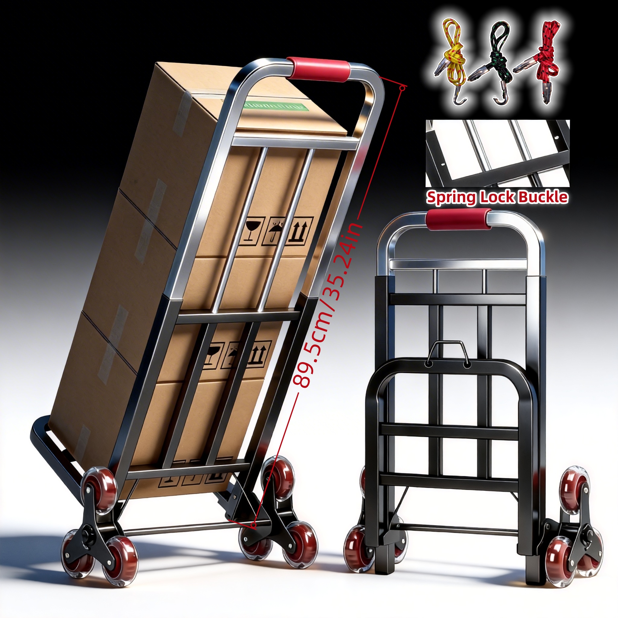 TEMU Heavy-duty Folding Handcart With Adjustable Spring Locks, Stair-climbing Wheels, And Multi-functional Storage Rack. Suitable For Warehouse