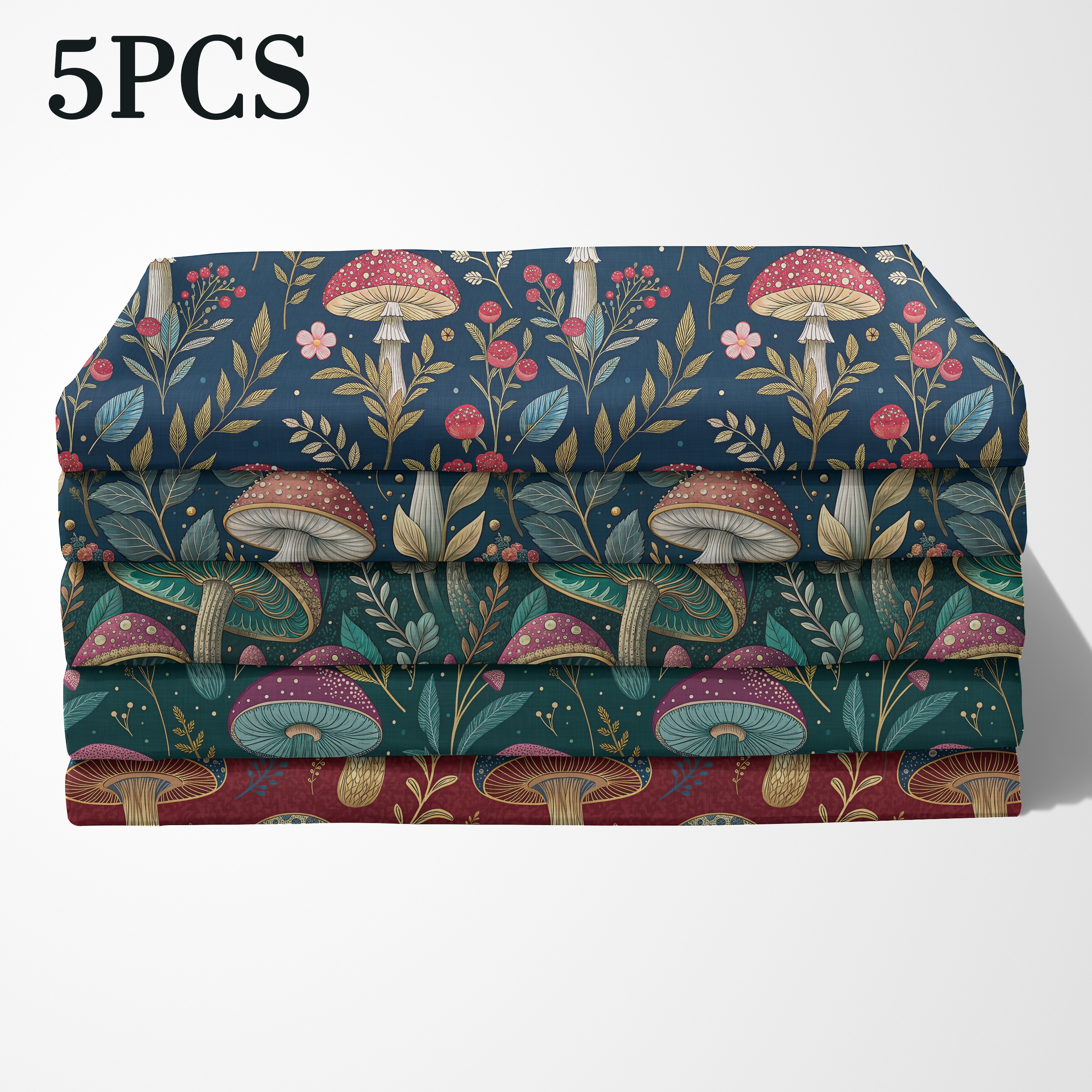 TEMU Fat Quarter 5pcs, 5 pièces avec 5 , comprenant des colorés à pois, des branches de fougères, des et des fleurs , des fonds bleu marine, vert