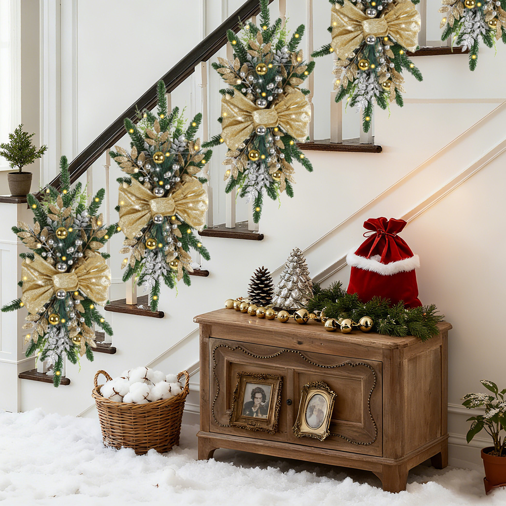 5-teiliges elegantes, kunstvolles Weihnachts-Geländer-Dekor für Büro – 24 Zoll/60 cm große Plastik-Girlande mit Treppen, Kränzen & Balkon-/Flurdekoration – Einfache Montage, wartungsfrei