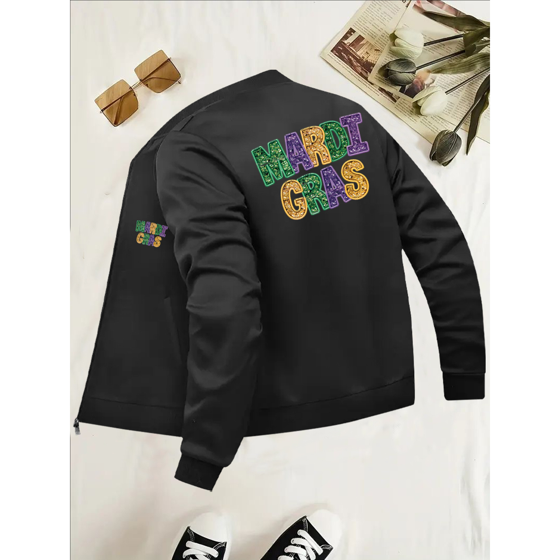 

Women's Casual Mardi Gras Zip-up Jacket - Black Long Sleeve Outerwear With Letter Print, Polyester , Machine Washable, Apparel|mardi Gras Themed|sleek