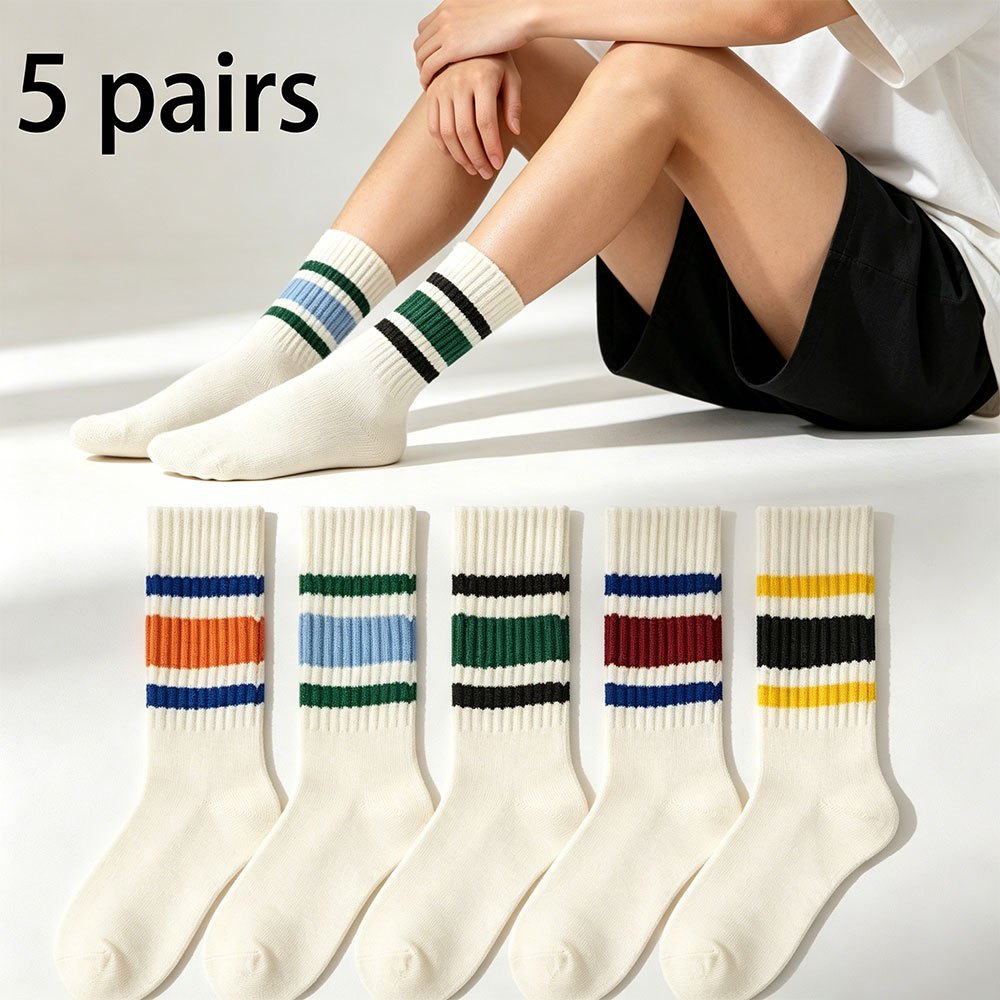 TEMU 5 Pairs Colorful Thick Striped Mid-calf Socks For Men And Women, Couple Sports Socks, Retro Mid-calf Socks, Trendy And Versatile Calf Socks,
