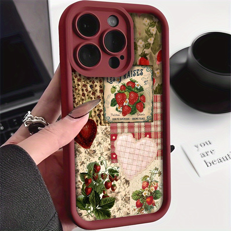 Vintage Strawberry Pattern Phone Case for iPhone 16 Pro Max, 16 Pro, 11 Pro Max, 15, 14 Plus, 13, 12, 16 XS Max, 15 Pro, XR, 15 Pro Max, 14, 13 Pro, 12 Pro Max Featuring TPU Drop Protection Soft Cover - Image 3