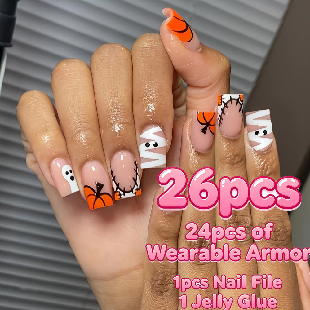 TEMU 26pz/24pz Indossabile +1pz Lima per Unghie +1pz Colla Gelatina Unghie Halloween a Pressione �� Unghie Finte Corte Quadrate �� Design Lucido con