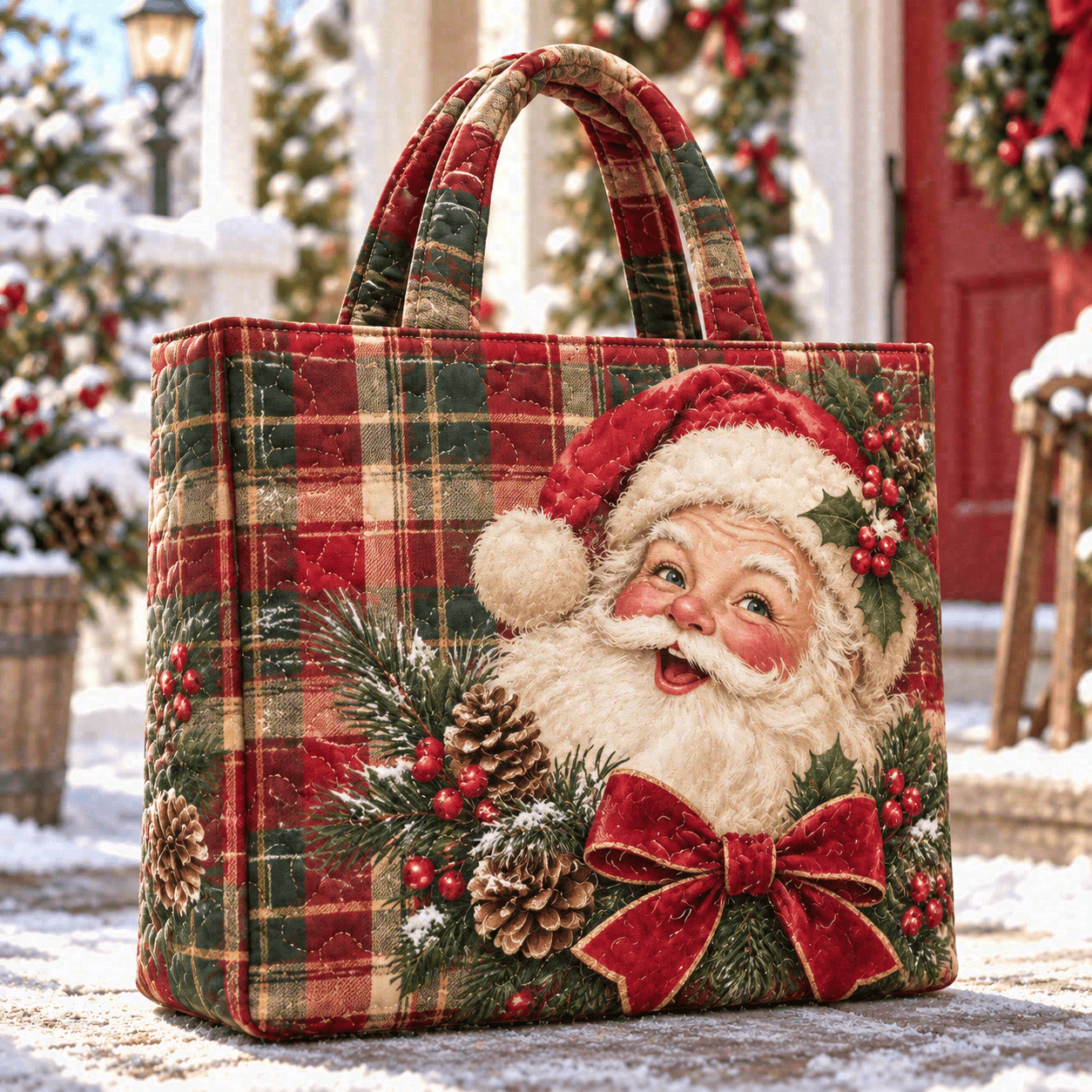 1pc Wide Quilted Printed Tote Bag For Women, Red Santa Claus Pine Bow Christmas Print, Large Lightweight Top Handle Shoulder Bag For Shopping Travel Work Daily Use, Vintage Winter Xmas Gift