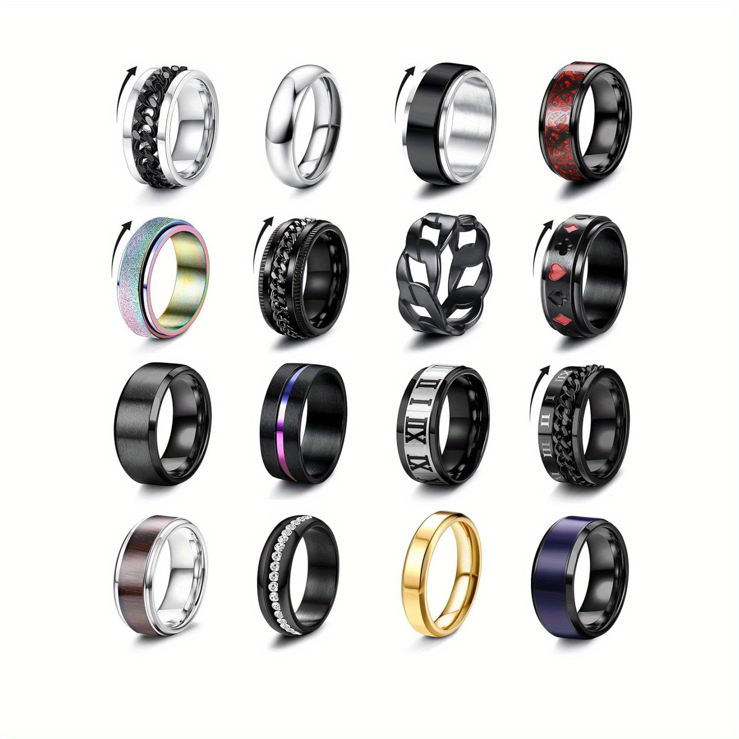 16pcs stainless steel fidget rings for men women stress anxiety relief spinner rings with   chain   fashion accessory set for wedding   casual attire gift   fidget toy rings relax wristwear modern accessory durable construction versatile wristbands Product details 0