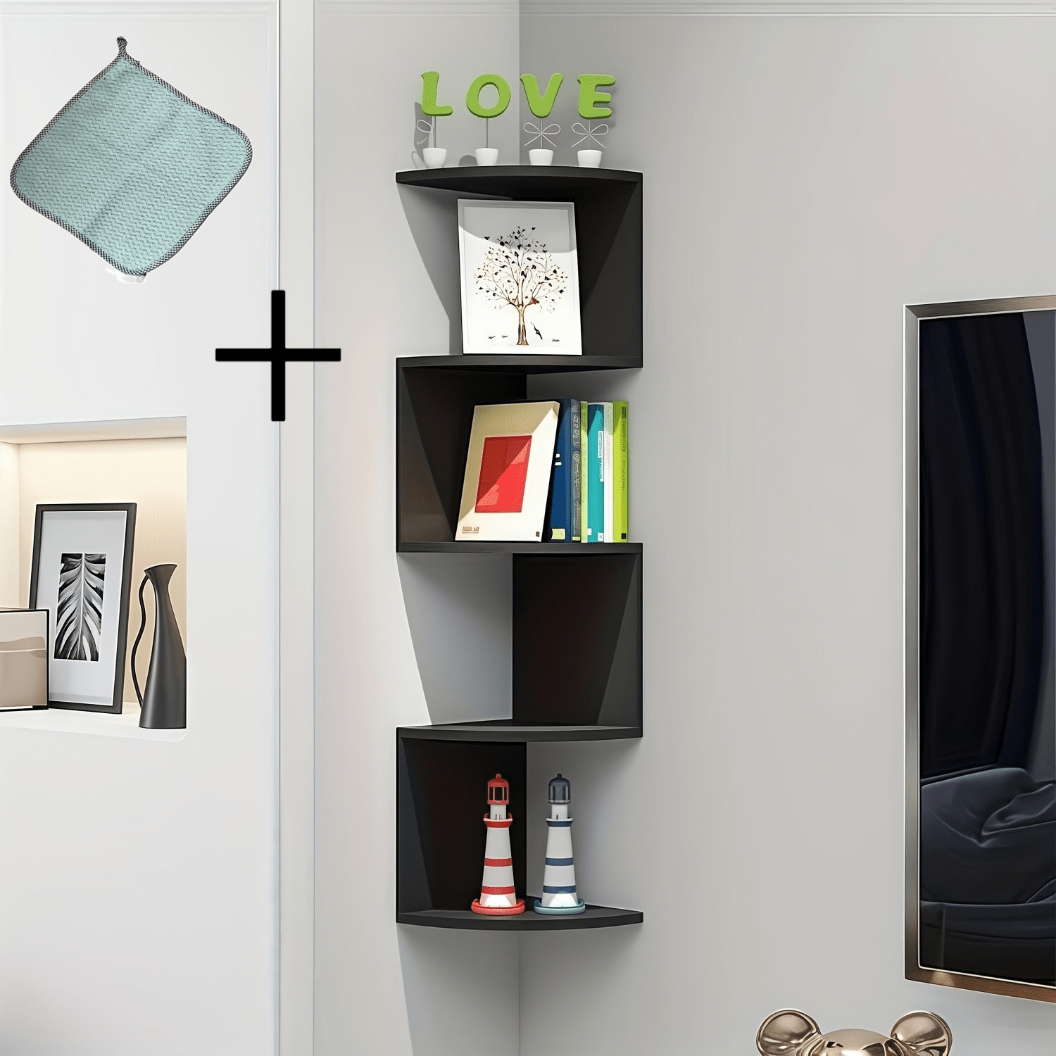 TEMU Black 5-tier Wall-mounted Rack + 1 Cleaning Towel, Corner Floating Modular Shelving Unit, Triangular Wall-mounted Tiered Shelf, Home Decor Soft