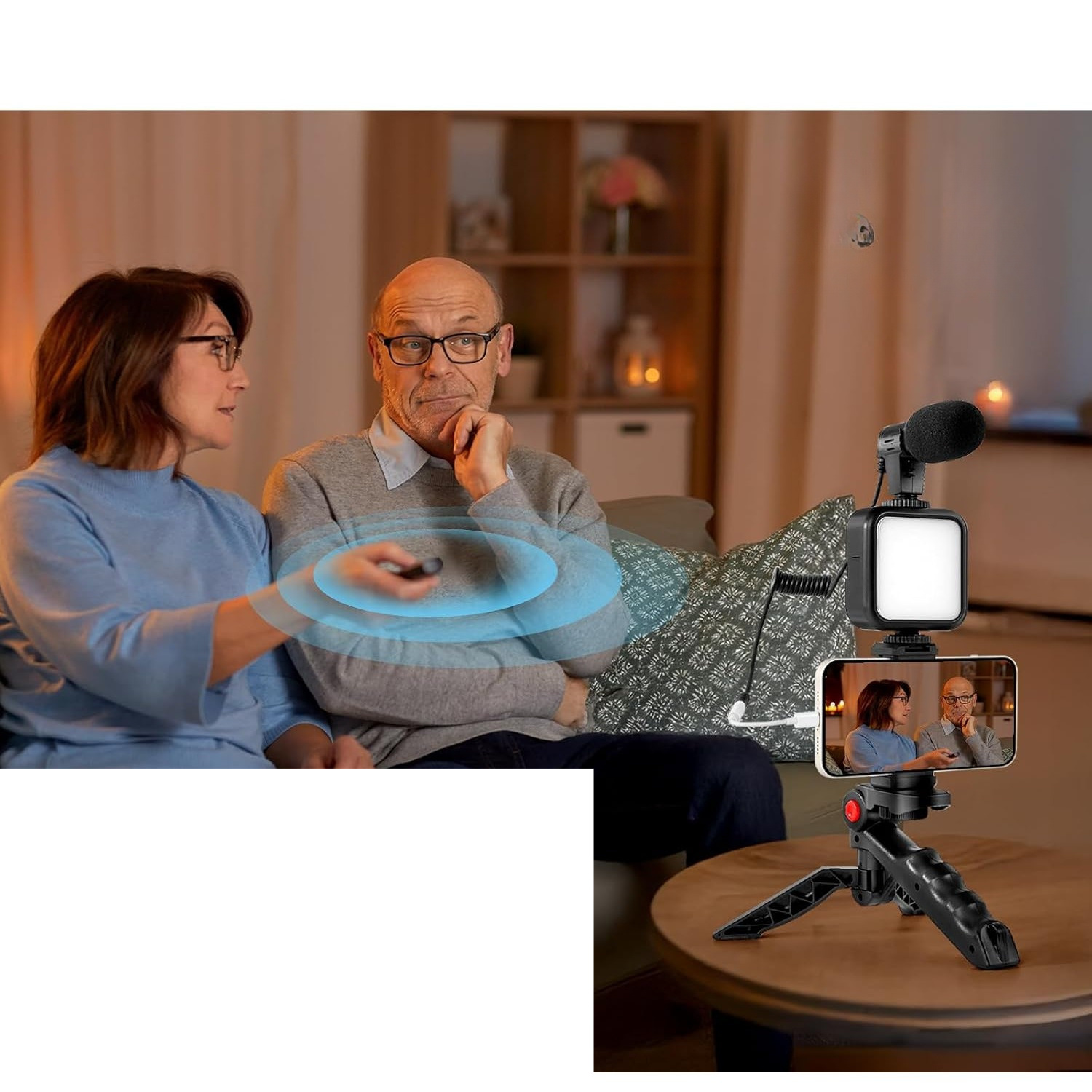 Vlogging Kit for Phone with Mini LED Light, Cardioid Microphone, Phone Clip, and Tripod for Streaming and Content Creation