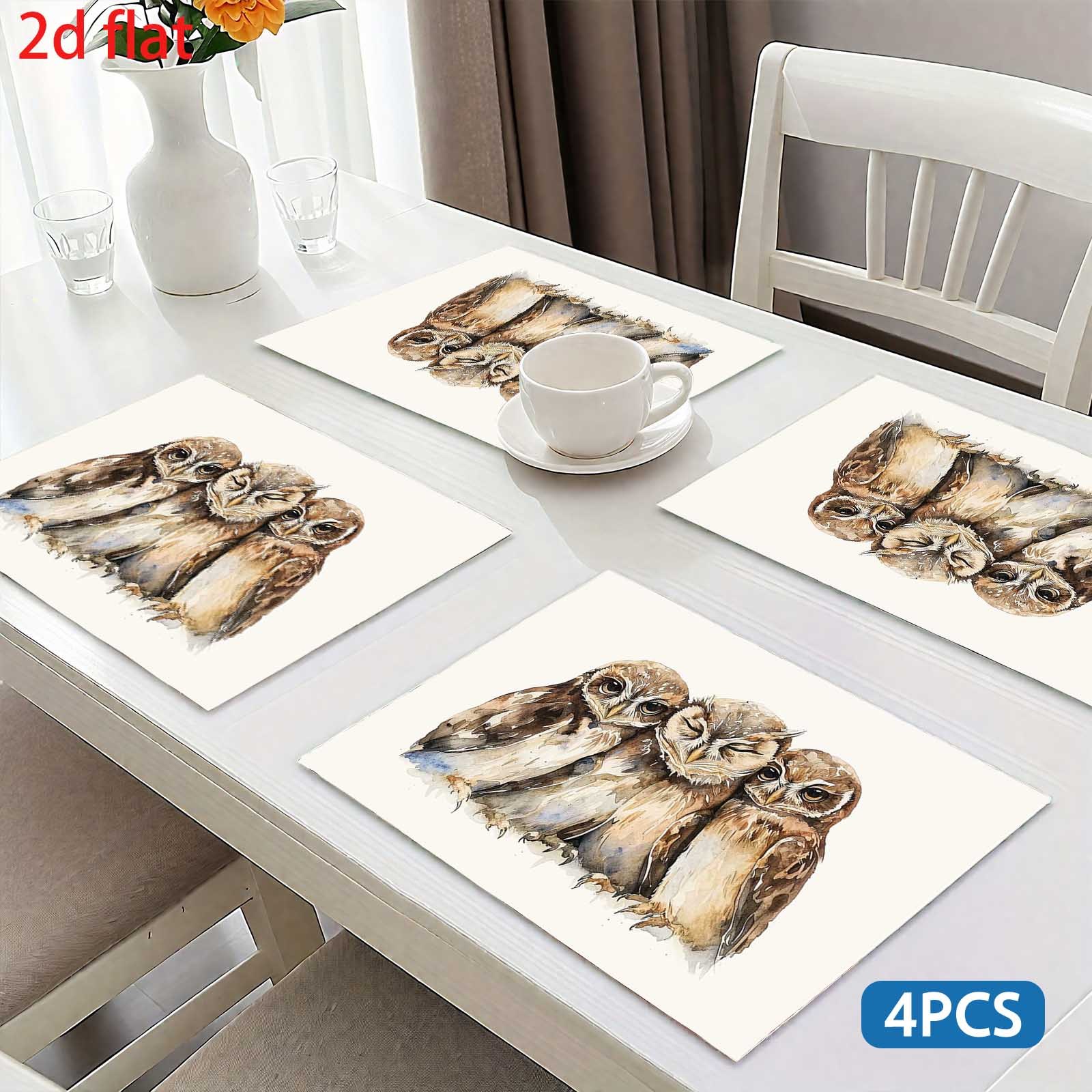 Set Of 4 Watercolor Owl Placemats Table Mats Home Kitchen Decor_voghion.com