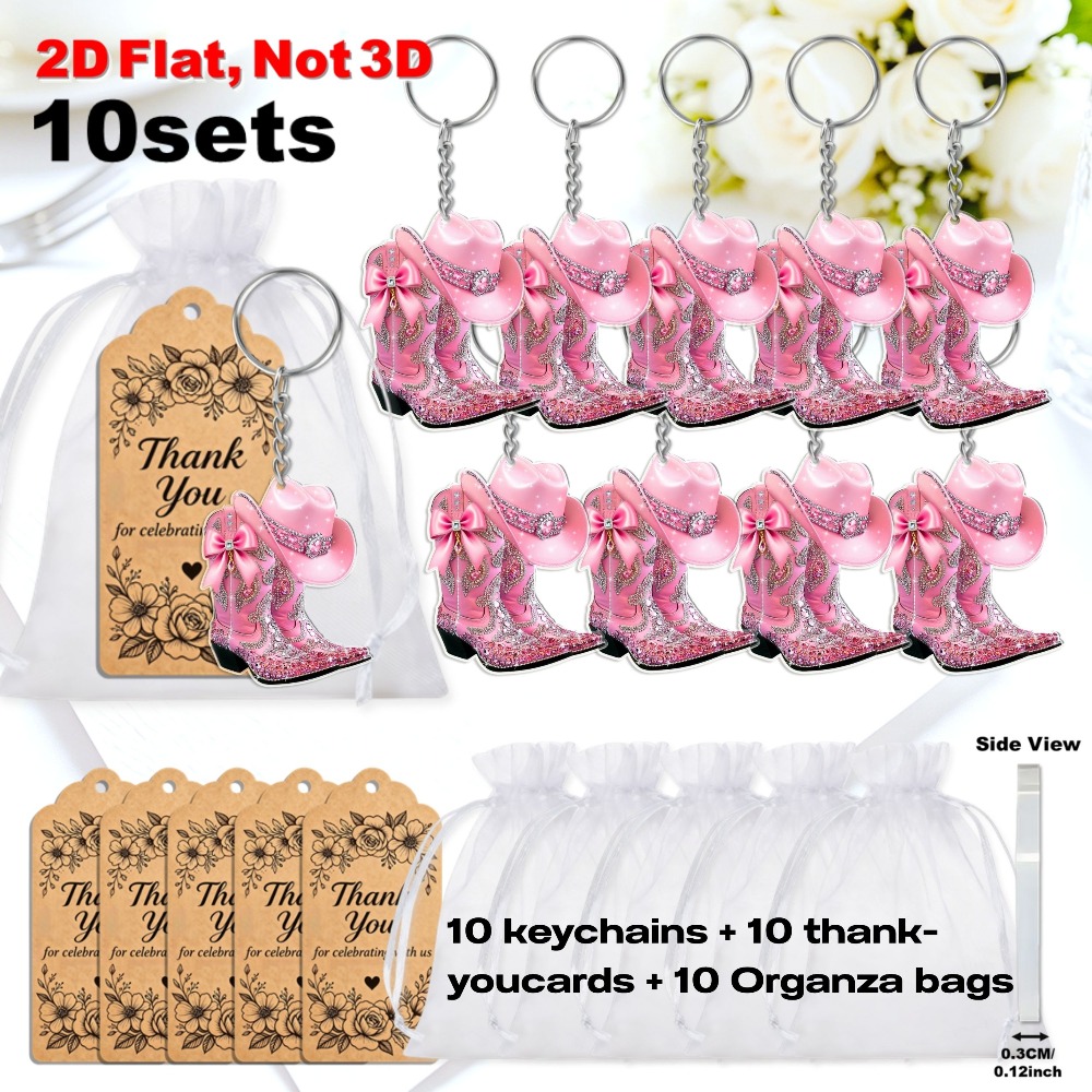 TEMU 2d Flat, 2d Flat Design, 10 Sets Of 2d Hat And Boot Keychains, Themed Party Favors With Thank You Cards And Organza Bags, Perfect For