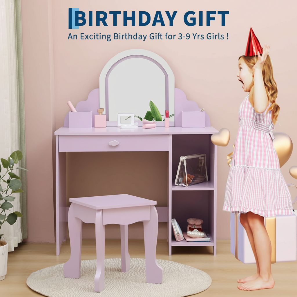 Girls' Kids Vanity Desk with Mirror & Stool - Princess Makeup Table with Drawer, Shelves & Cubbies, Toddler Dressing Table Suitable for Little Girls, Assembly, Non-Wood