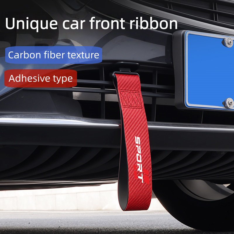 TEMU New Carbon Fiber Pattern Pu Leather Tow Strap With Streamer Tow Rope, New Carbon Fiber Pattern Red Top And Bottom Sport Style Car Bumper