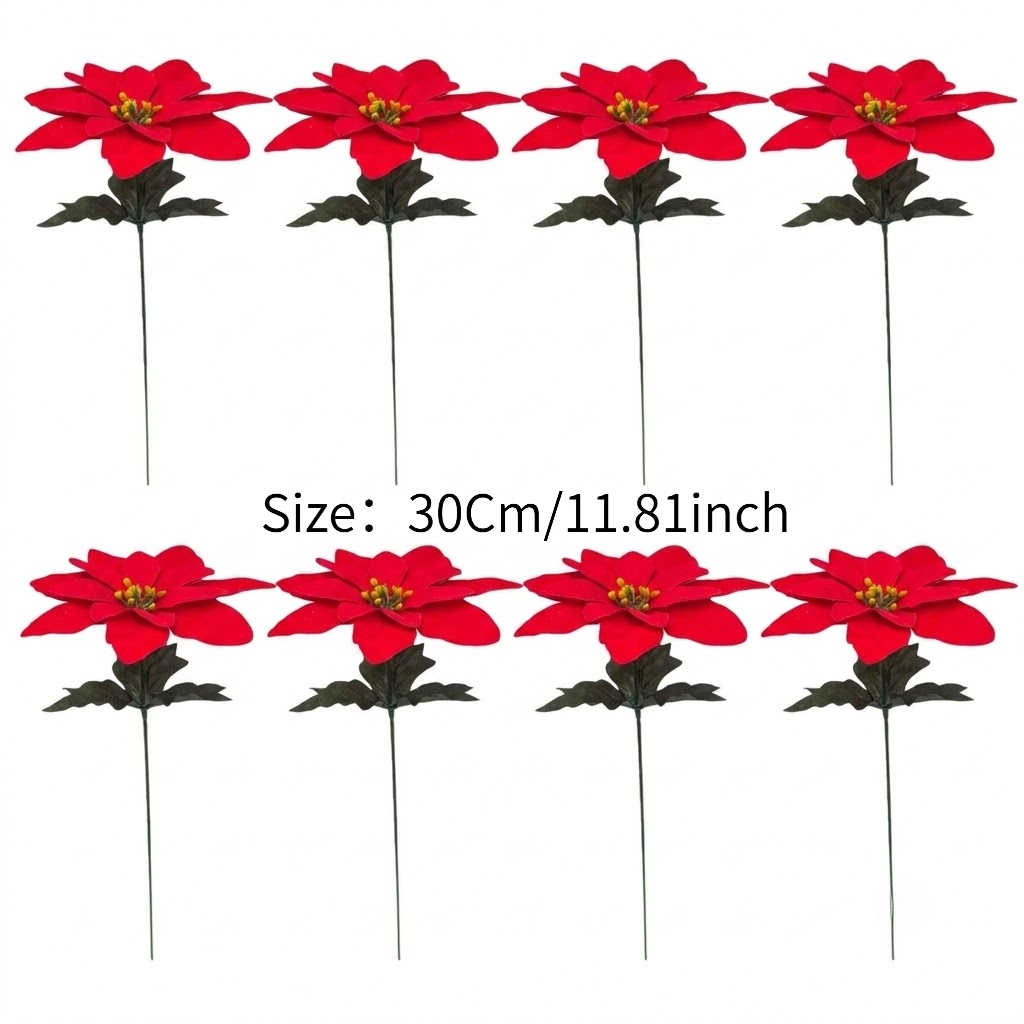 TEMU 8pcs Tinpif Poinsettia Artificial Flower Decorations With Foliage & Realistic - Plastic Suitable For Indoor/outdoor Christmas, Thanksgiving,