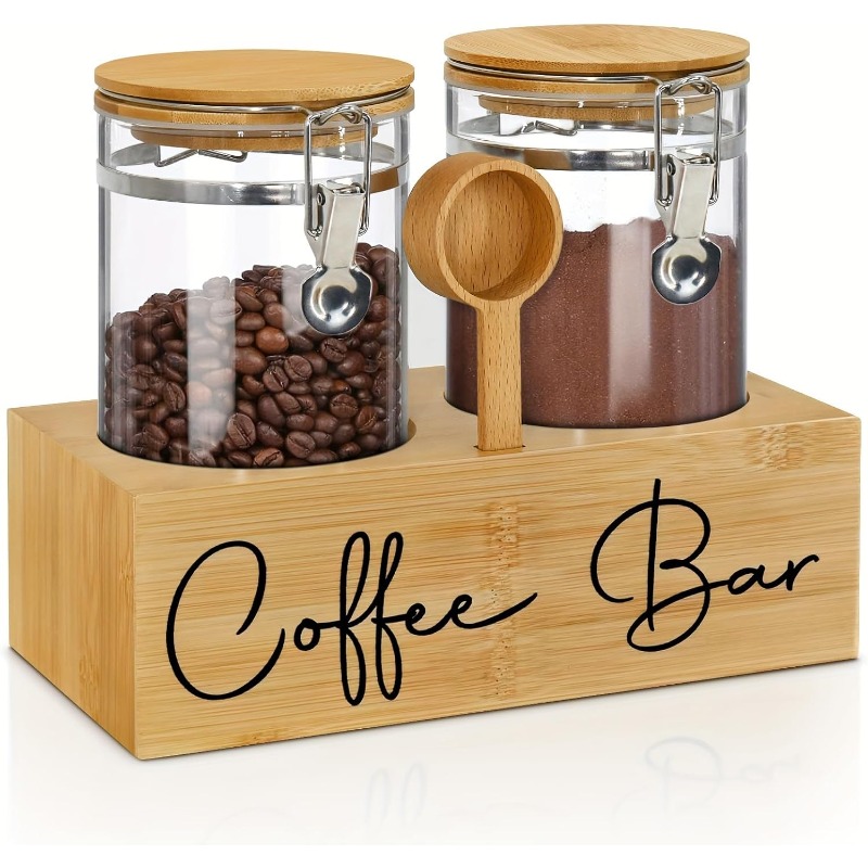 TEMU Glass Coffee Canisters With Wood Shelf - Airtight Coffee Bean Storage Jars, Locking Lid & Spoons - Coffee Tea Sugar Canister Set For Ground