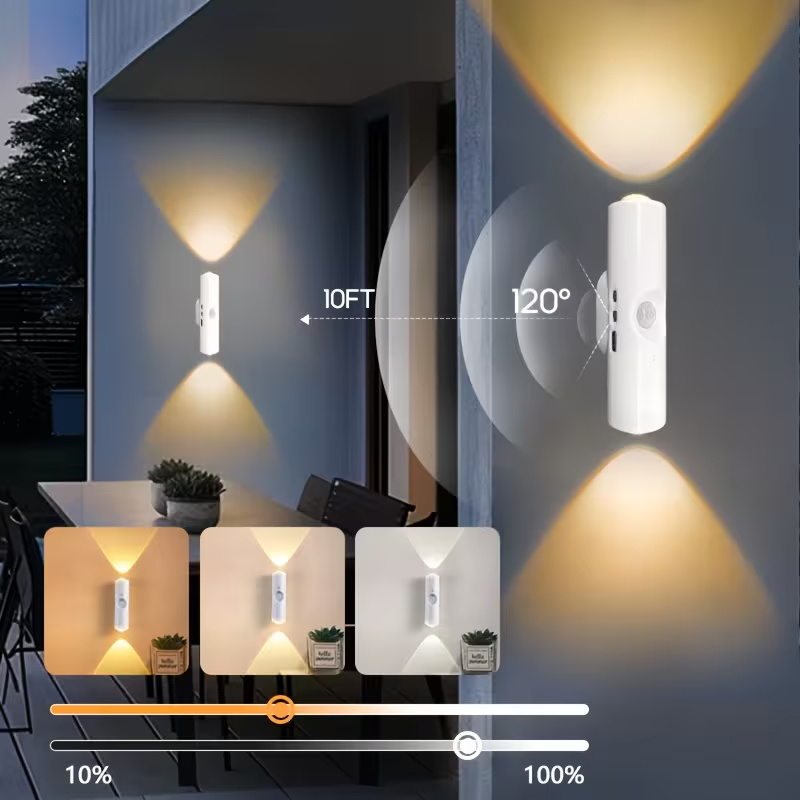 2LED Индукционна лампа за човешко тяло, Три вида светлина USB презареждаща се нощна лампа, Двуглав LED индукционна лампа за стена, Регулируема яркост в 3 цвята (Топло бяло/Неутрално/Студено бяло), USB зареждане, Регулируема яркост Котешко око Стенна лампа